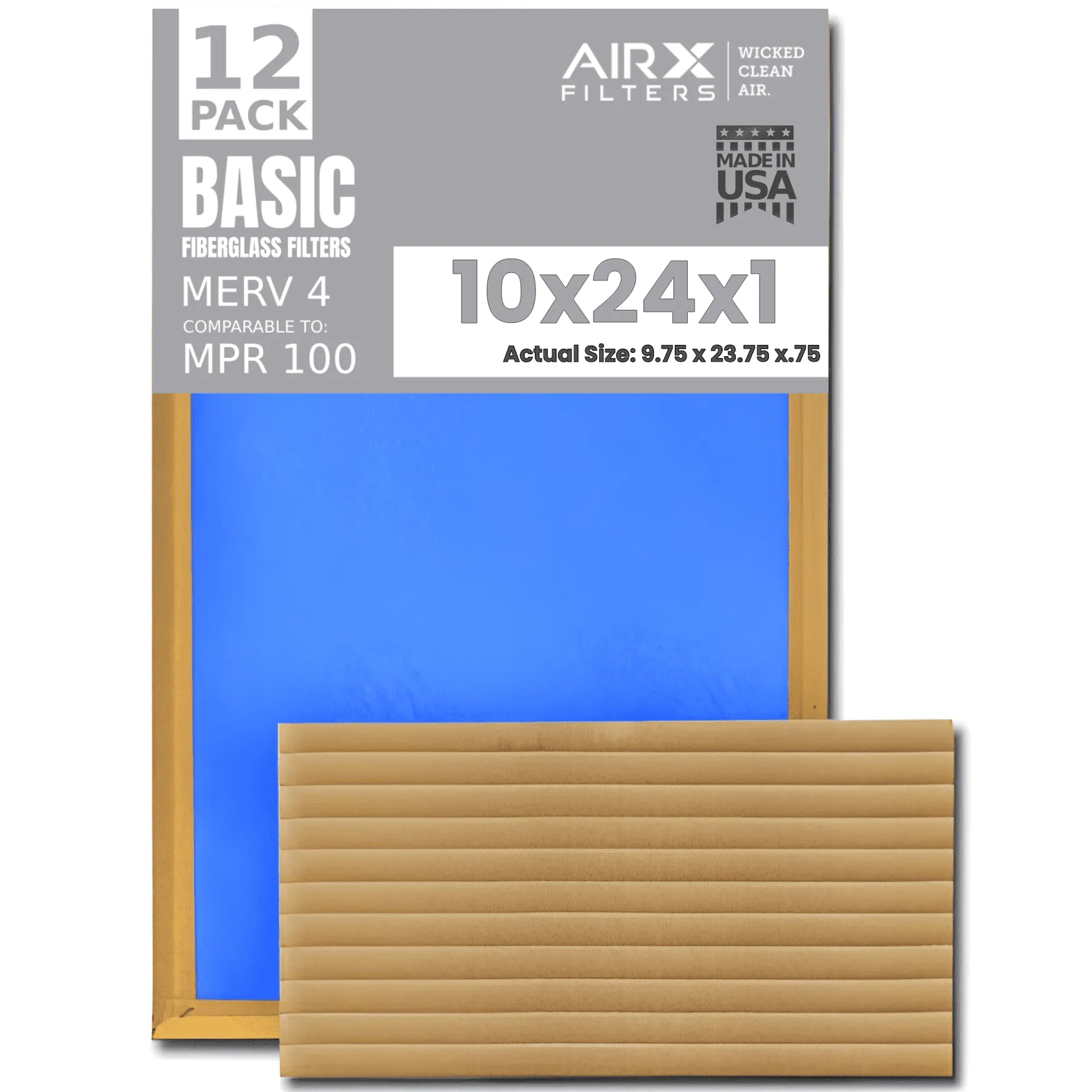 10x24x1 Air Filter Comparable to MPR 100 Basic Economy Furnace Filters, 12 Pack of Non Pleated Fiberglass Filter For Dust - Low Airflow Restriction! From AIRX FILTERS WICKED CLEAN AIR.