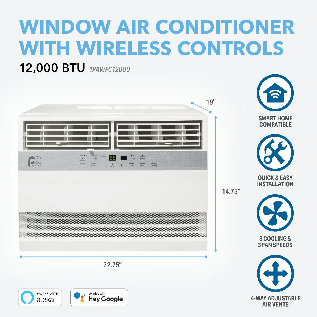 12,000 BTU Flat Panel High-Efficiency Air Conditioner with Wireless Smart Controls