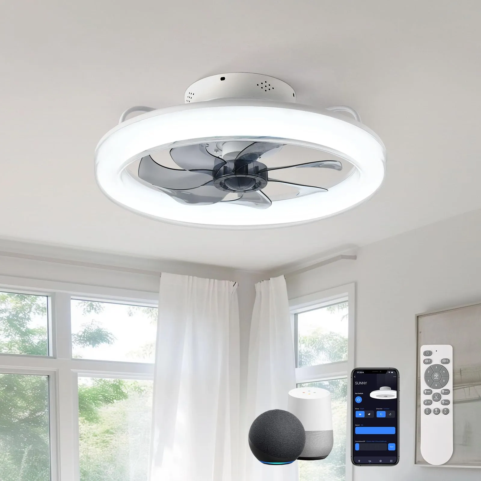 20" CHANFOK Orison Low Profile Ceiling Fan with Light, Compatible with Alexa & Google Home, Voice Control