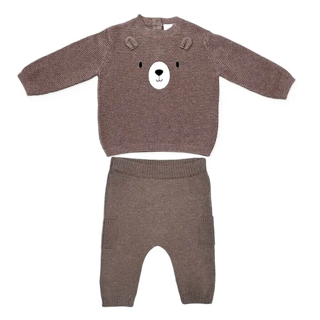 Bear Embroidered Knit Pants Set