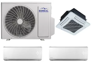 Boreal 30,000 BTU 21 SEER2 Tri Zone Wall Mounted/Ceiling Cassette Mini Split System (18k, 9k, 9k) 208-230V