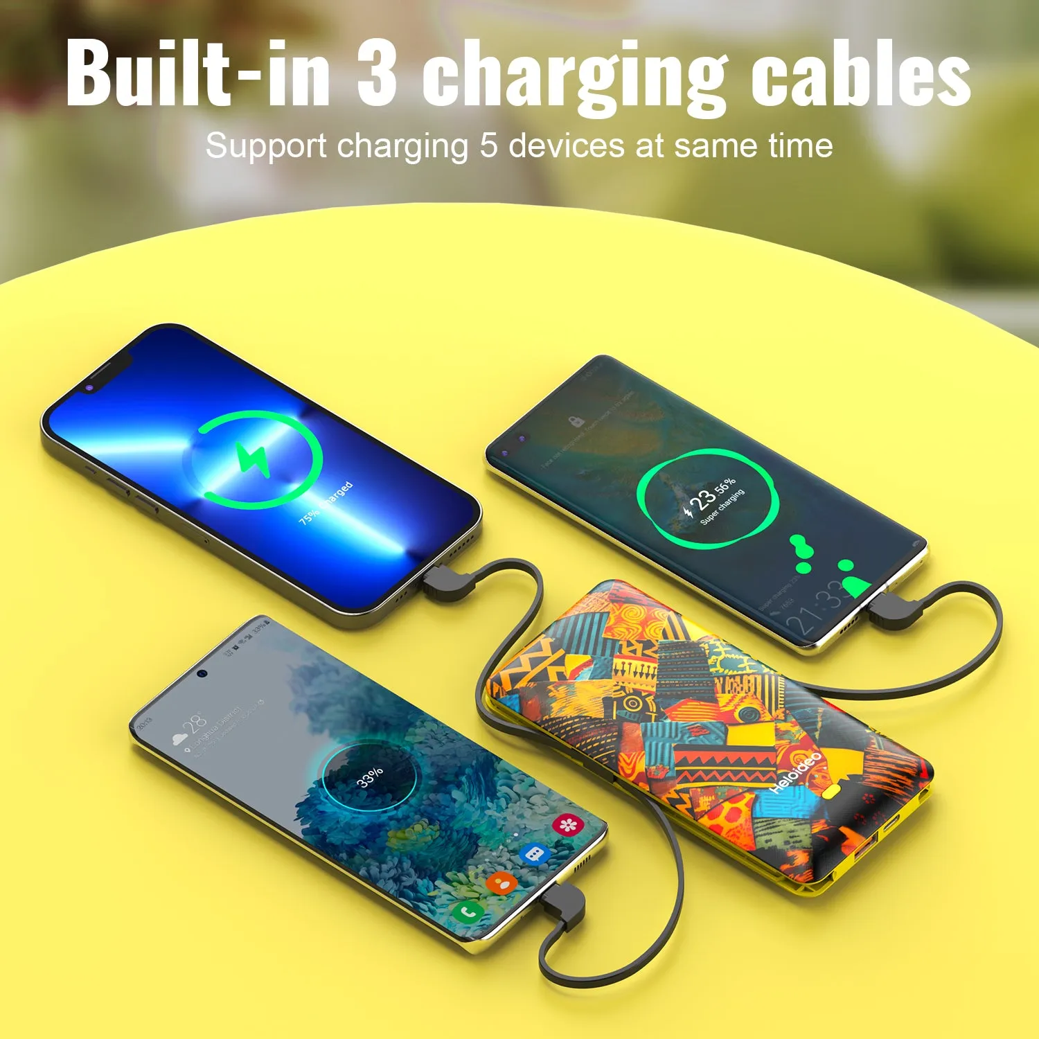 colorful 10000mah 20W AC plug Power Bank with cables Heloideo PB180C