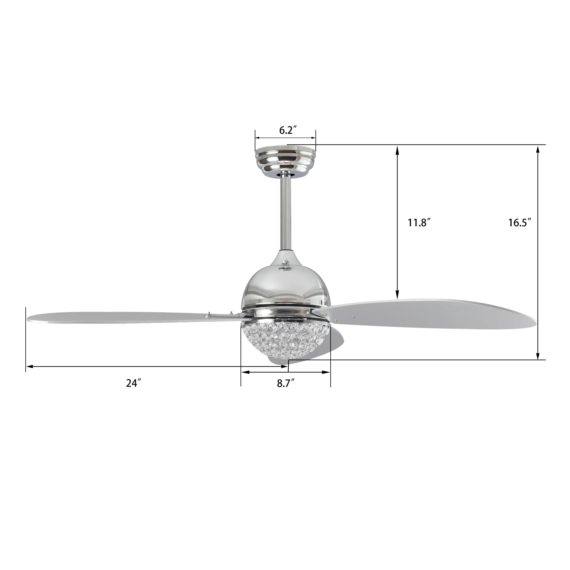 COREN 48 inch 3-Blade Crystal Chandelier Smart Ceiling Fan with LED Light Kit & Remote - Silver/Silver