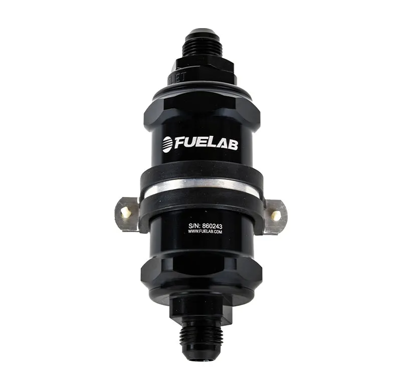 FUELAB 84831-1 In-Line Fuel Filter With Check Valve (6AN in/out, 3 inch 6 micron fiberglass element) Black