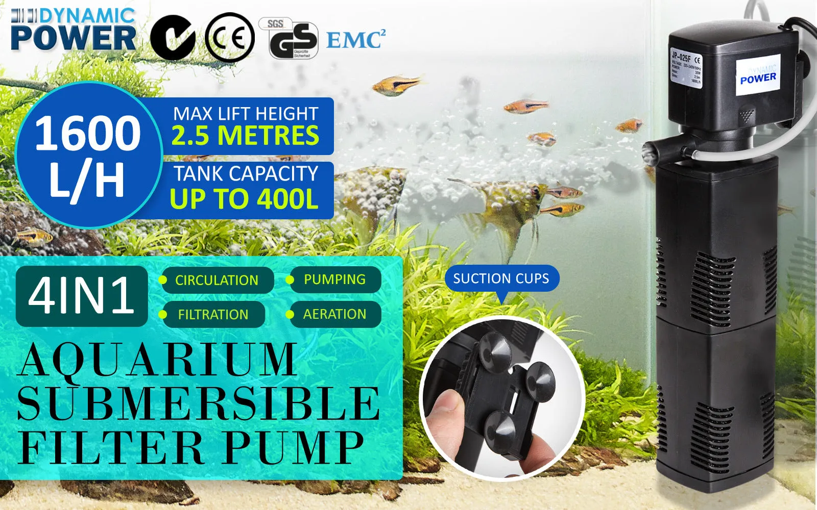 High Efficiency Aquarium Submersible Filter Pump 1600L/H, Dynamic Power