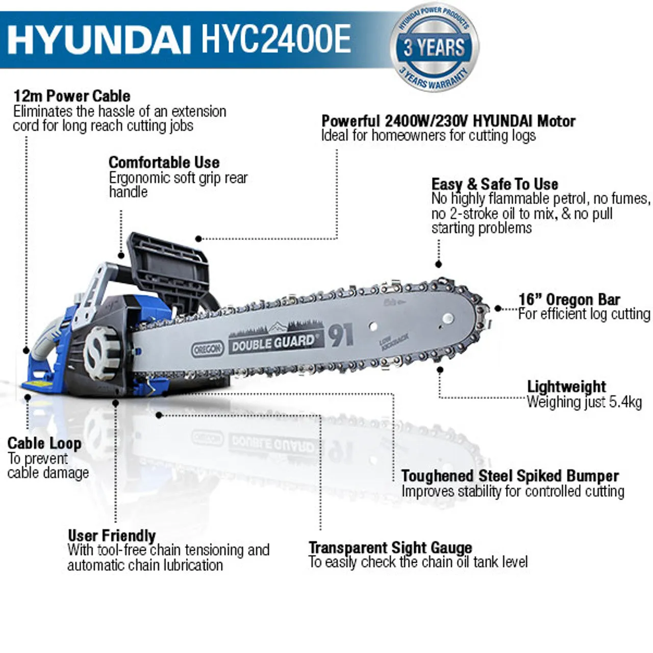 Hyundai HYC2400E 16" Electric Chainsaw Size 230V/2400W