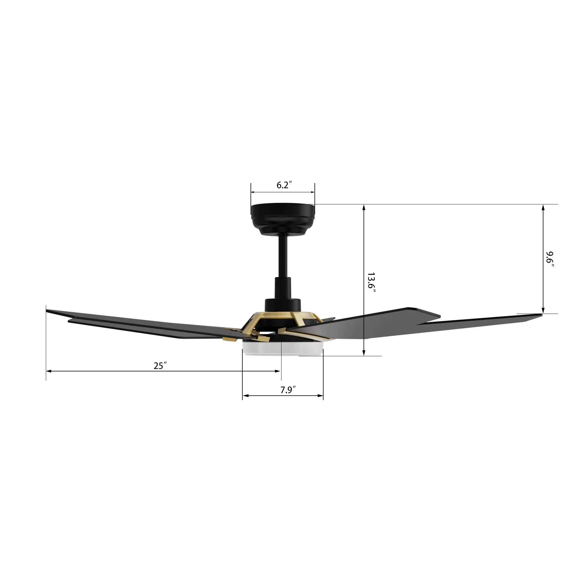 KAJ 52 inch 5-Blade Smart Ceiling Fan with LED Light Kit & Remote - Black/Black (Gold Detail)