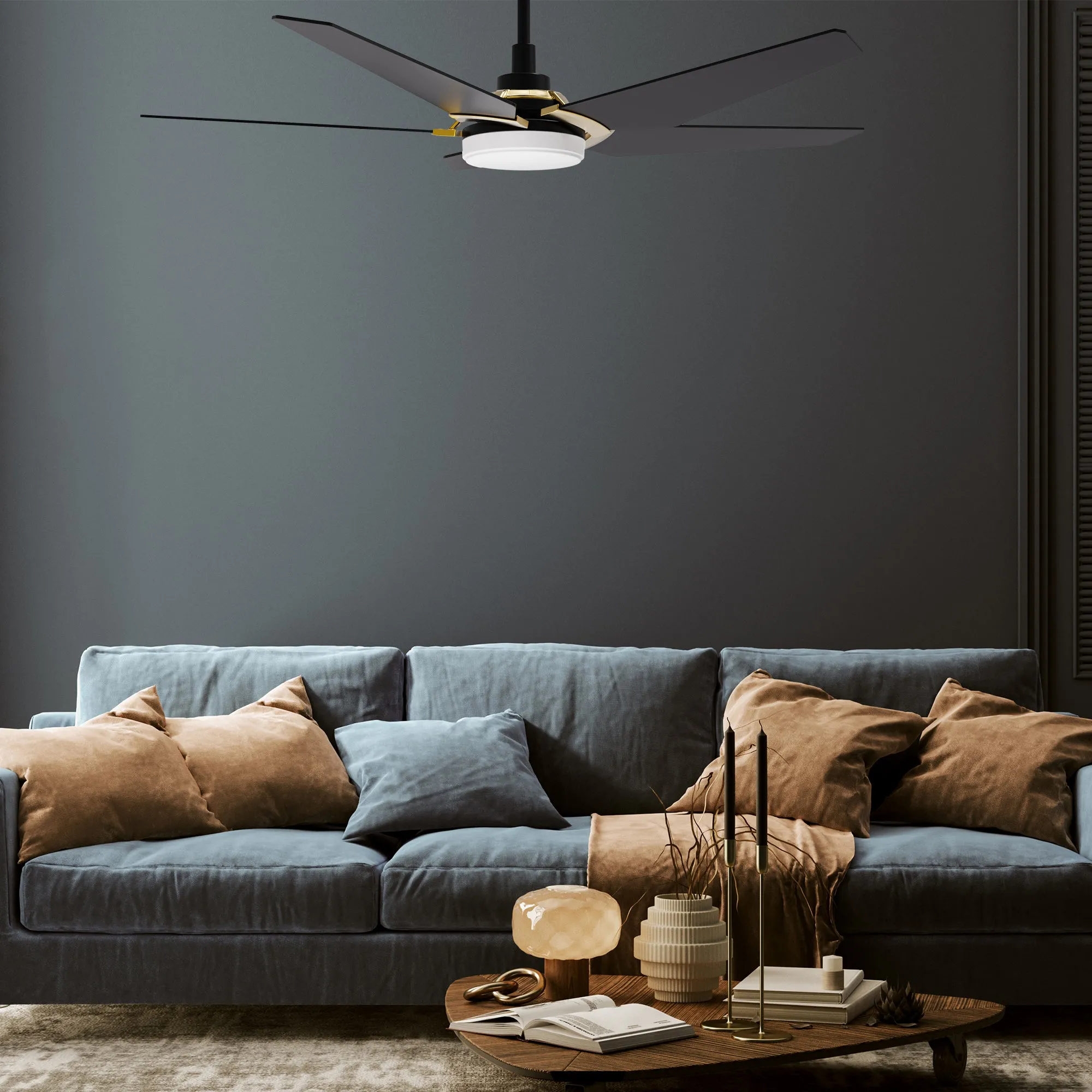 KAJ 52 inch 5-Blade Smart Ceiling Fan with LED Light Kit & Remote - Black/Black (Gold Detail)