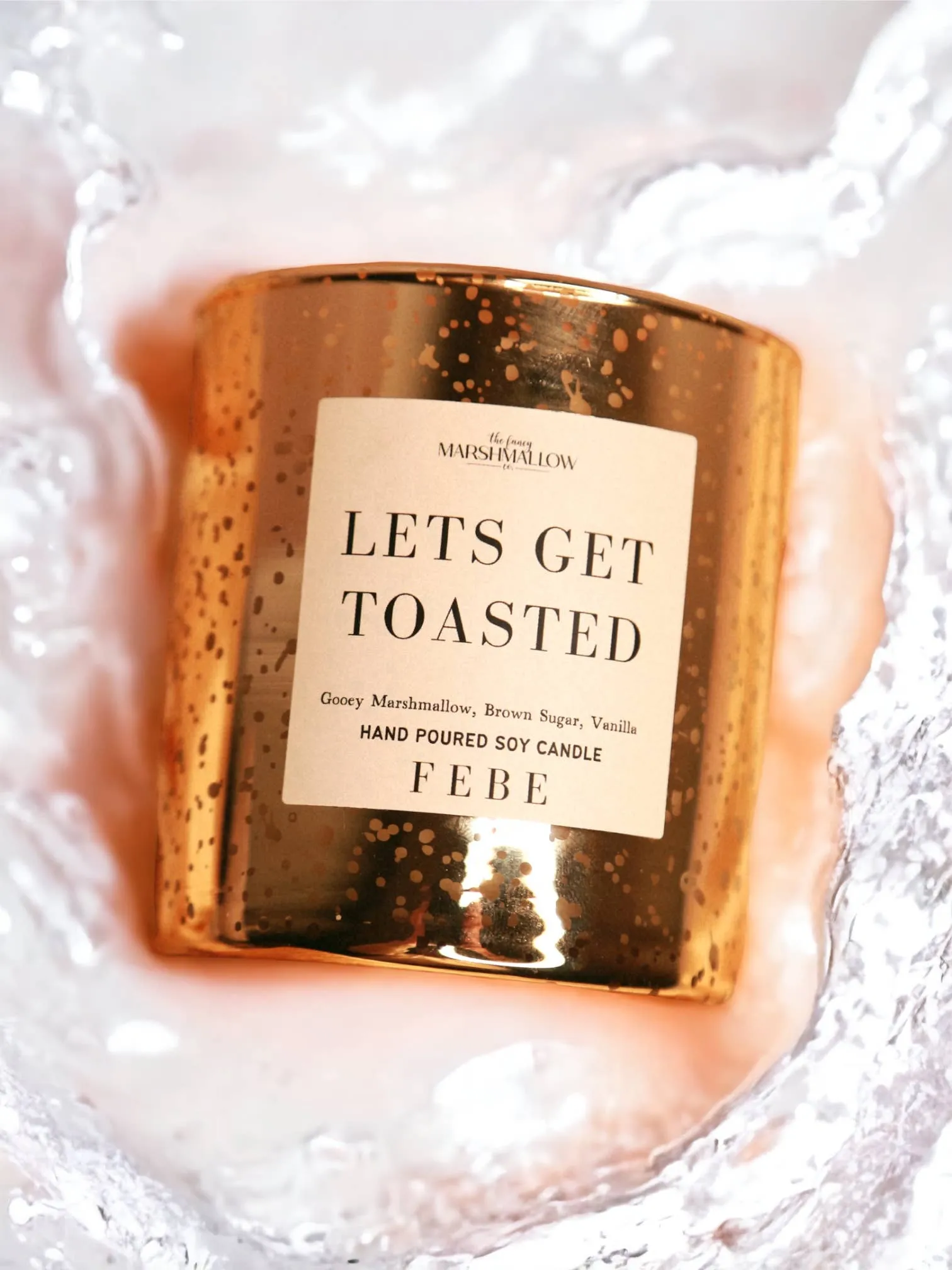 Lets Get Toasted! Gold Glass Freckled Candle by Febe Candles