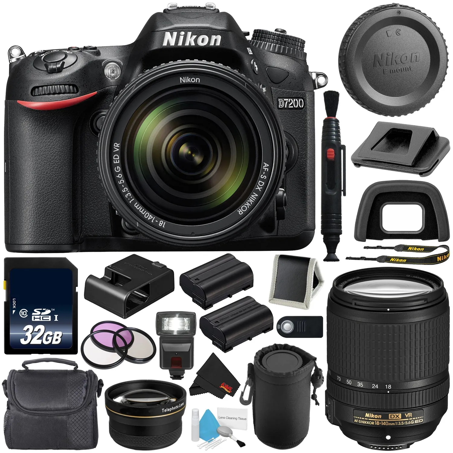 Nikon D7200 DSLR Camera with 18-140mm Lens 1555 (International Model)   EN-EL15 Replacement Li-on Battery   32GB SDHC Class 10 Memory Card   Universal Wireless Remote Shutter Release Bundle