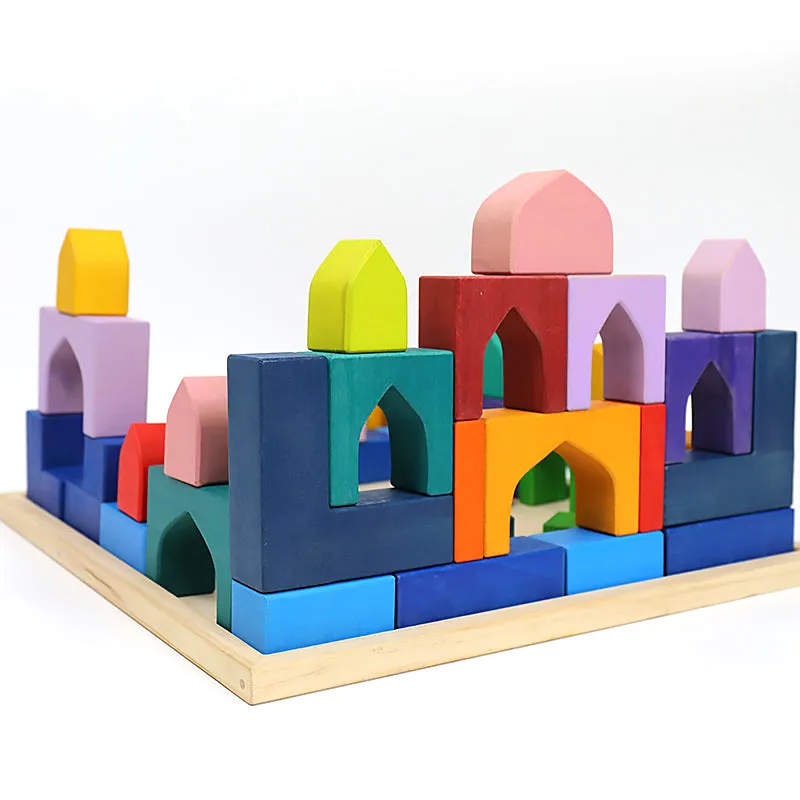 **Pre-order (Ships in 2-3 Weeks)**54 Pcs STAINED Arabian 1001 Nights Inspired Wooden Building Blocks Set with Tray