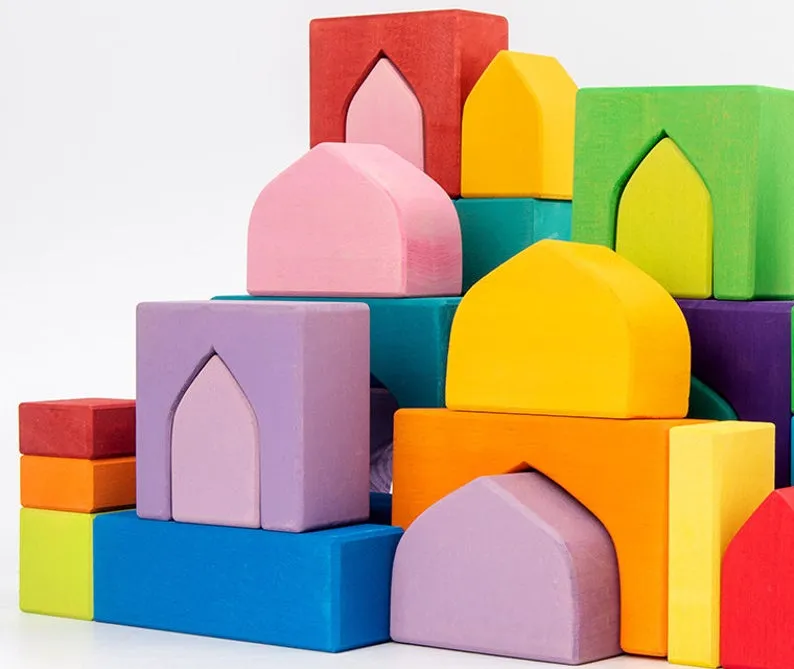 **Pre-order (Ships in 2-3 Weeks)**54 Pcs STAINED Arabian 1001 Nights Inspired Wooden Building Blocks Set with Tray