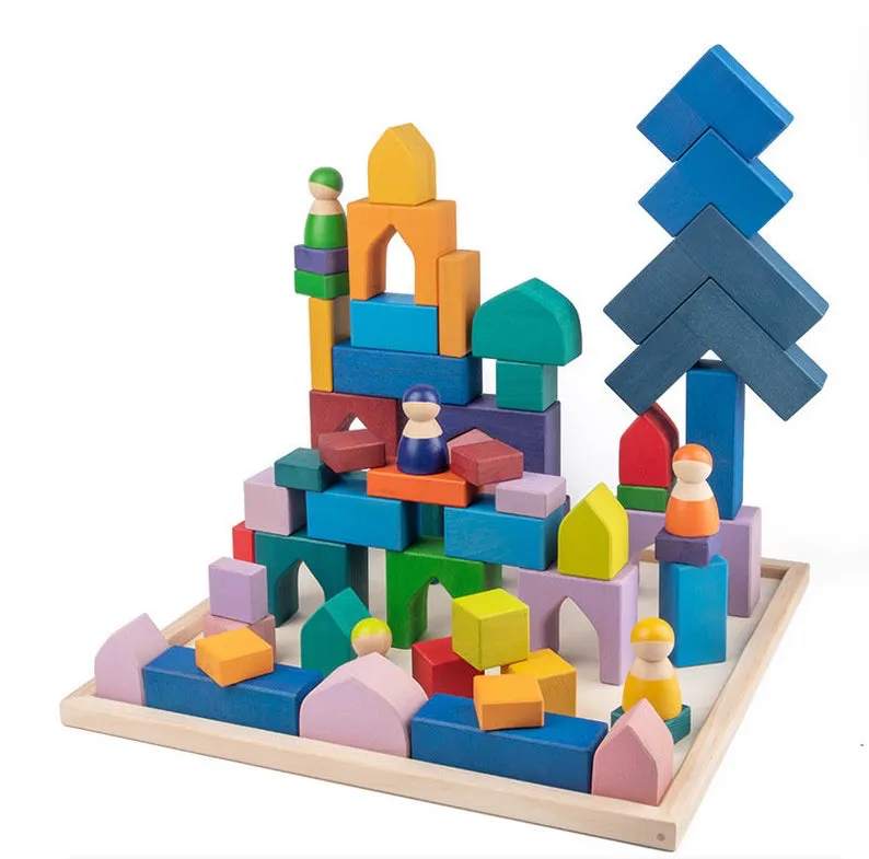 **Pre-order (Ships in 2-3 Weeks)**54 Pcs STAINED Arabian 1001 Nights Inspired Wooden Building Blocks Set with Tray