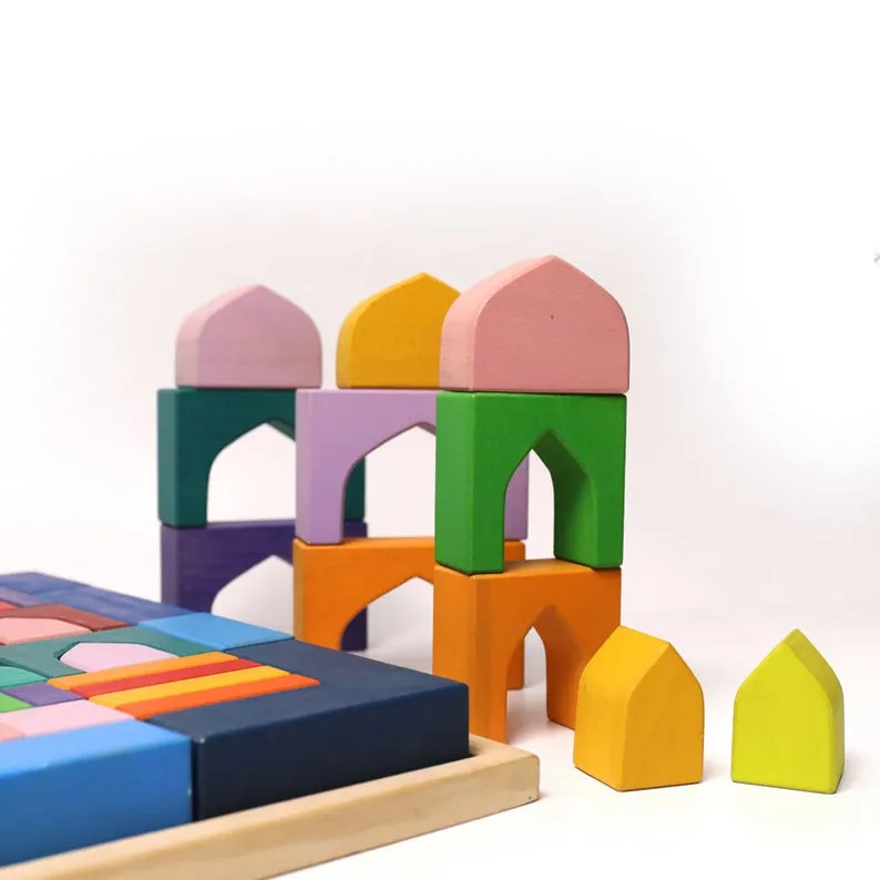 **Pre-order (Ships in 2-3 Weeks)**54 Pcs STAINED Arabian 1001 Nights Inspired Wooden Building Blocks Set with Tray