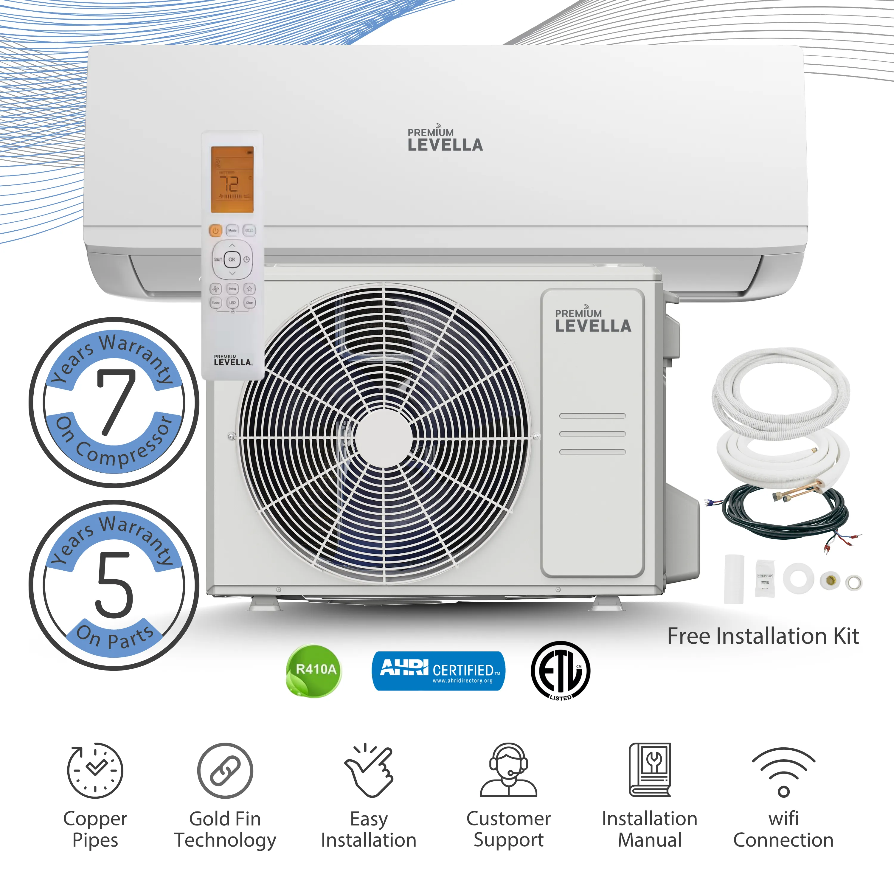 Premium Levella® 18,000 BTU 17 SEER2 Ductless Mini-Split Inverter  Air Conditioner Heat Pump System Full Set 230V.