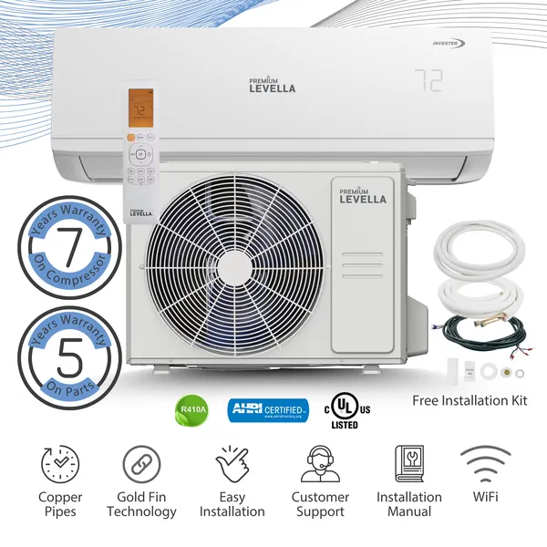 Premium Levella® 18,000 BTU 19.5 SEER2 Ductless Mini-Split Inverter  Air Conditioner Heat Pump System Full Set 230V. WIFI Included.