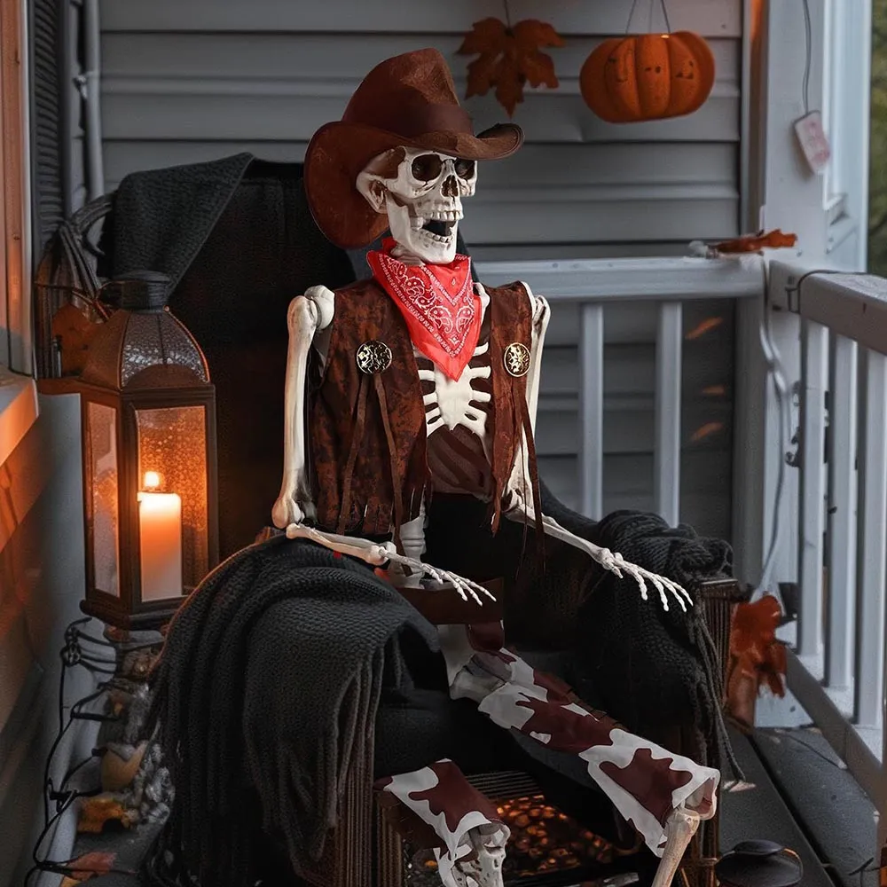 TheLAShop 5.4ft Skeleton with Cowboy Costumes Halloween Props