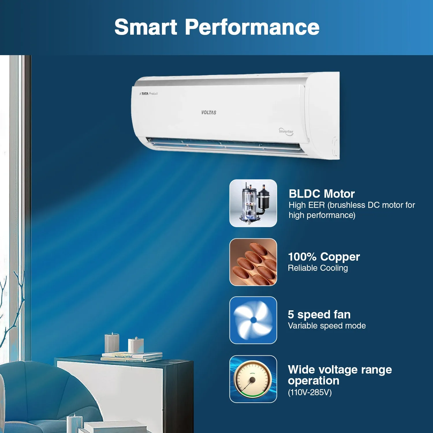 Voltas Vectra Elite 185V 1.5 Ton 5 Star Adjustable Inverter Split AC - Energy Efficient Cooling Solution