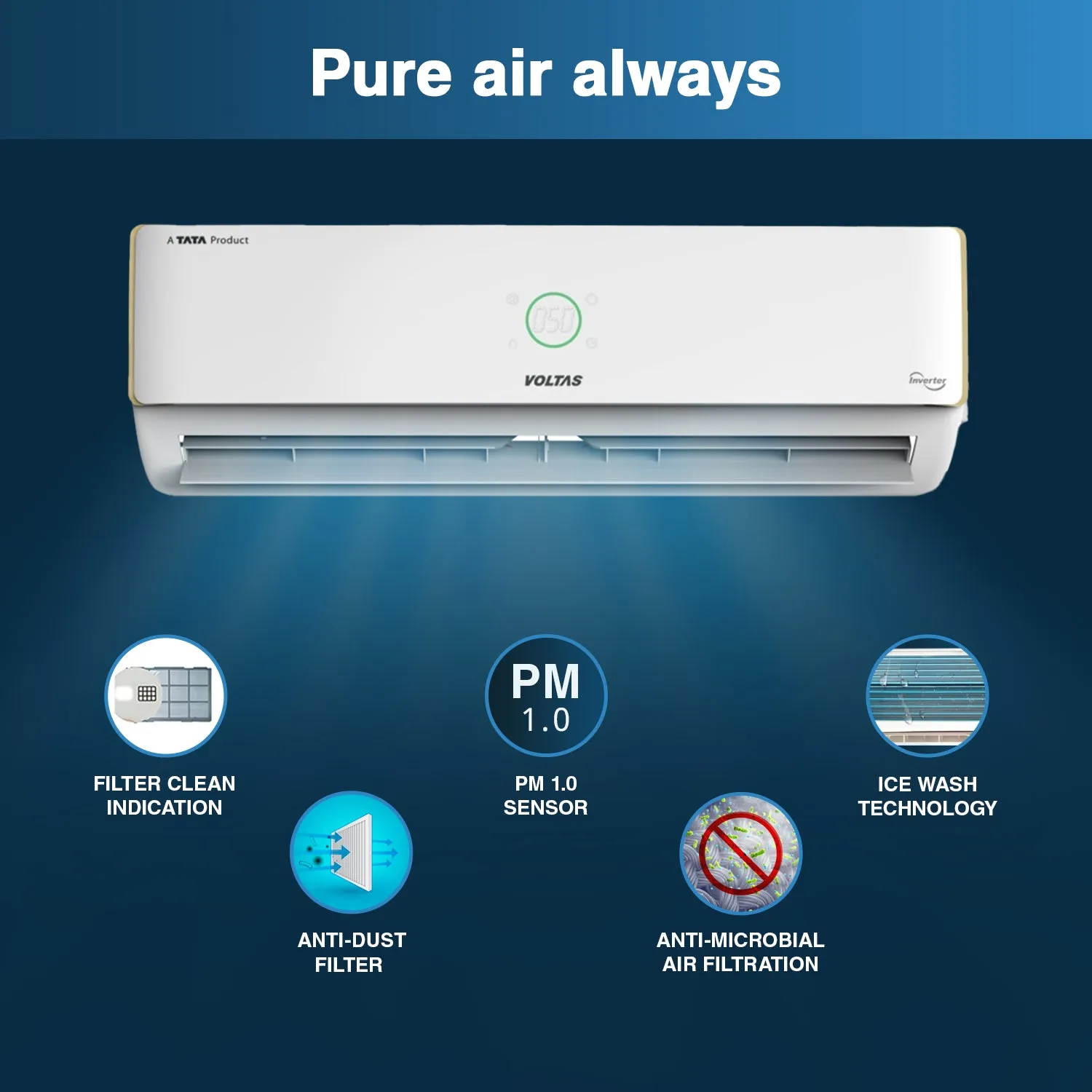 Voltas PureAir Inverter Split AC, 1.5 Ton, 5 star - 185V Verdant Exotica